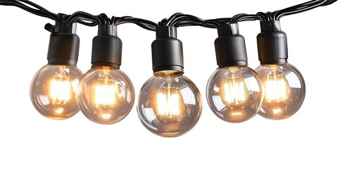 String of illuminated globe lights against a white background. The lights are evenly spaced and emit a warm glow, creating a cozy and festive atmosphere.