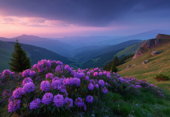 Obraz premium breathtaking sunrise over the Carpathian Mountains, with vibrant purple and red hues in the sky, illuminating a field of blooming rhododendrons on an alpine hillside