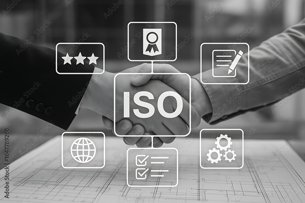 Poster a close-up of a handshake between two businessmen with various quality and business process icons ov