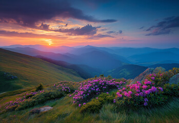 Obraz premium breathtaking sunrise over the Carpathian Mountains, with vibrant purple and red hues in the sky, illuminating a field of blooming rhododendrons on an alpine hillside
