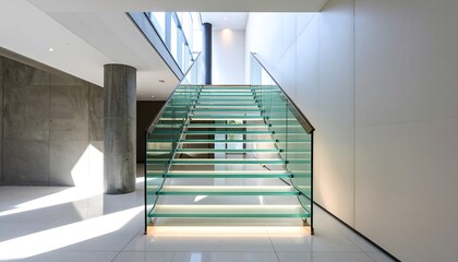 Modern glass staircase in a spacious, light-filled interior