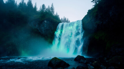 Glowing Bioluminescent Waterfall, Fantasy Landscape