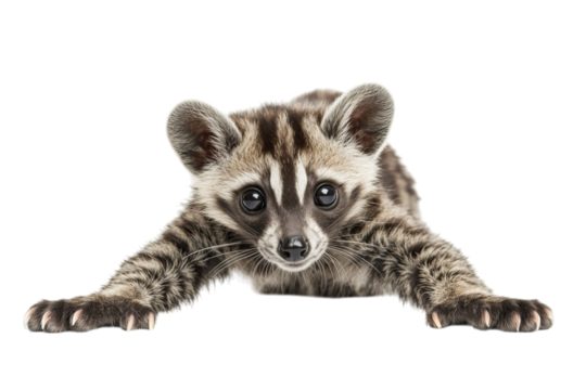 A cute, young civet extending its paws forward, showcasing its striking markings on a white background.