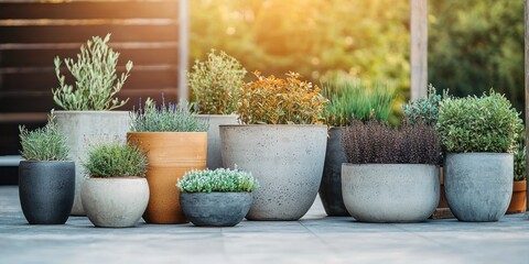 A row of potted plants in various pots on a patio, with a blurred background of greenery and sunlight. The plants are diverse in size and type, 