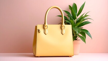 Pastel yellow handbag displayed on soft pink background with green plant creating stylish minimal fashion accessory scene for modern product presentation.

