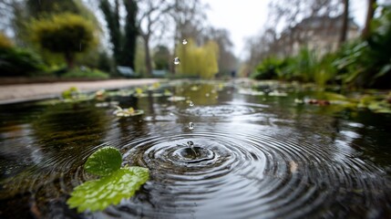Naklejka premium Raindrops ripple across a serene pond surface, surrounded by lush greenery and trees