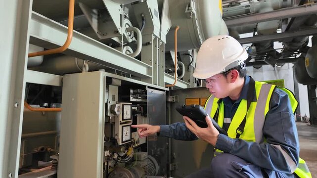 Gas insulated switchgear maintenance and inspection at substation with engineer using tablet for electrical equipment safety checks wearing helmet ensuring reliable power system operation