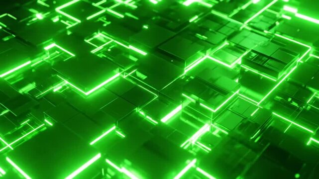 Abstract Green Tech Grid Animation with Dynamic Lighting and Futuristic Design 3D Rendering