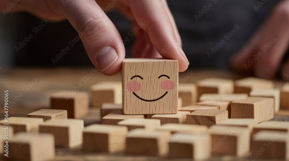 Poster a hand places a wooden block with a smiley face on a grid of similar blocks. the background is blurr
