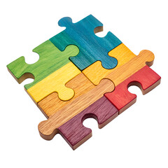 (Wooden Puzzle) &mdash; Brightly colored wooden puzzle pieces, isolated PNG