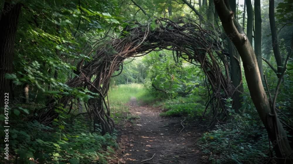Aufkleber an archway made of branches in the middle of a forest, suitable for use as a background or for outdo
