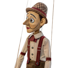 A wooden marionette puppet with movable limbs, painted face, wearing vintage clothes, isolated on transparent background, realistic lighting, high detail