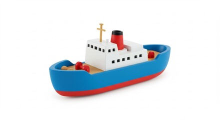 Obraz premium Bateau jouet bleu rouge flotte paisiblement lumiere douce. AI Generated