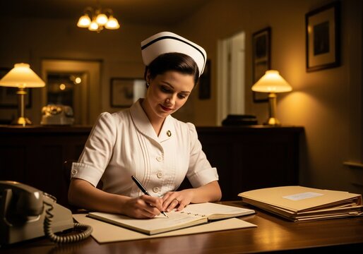 A focused professional nurse wearing a traditional white cap and uniform writes diligently at a vintage wooden desk