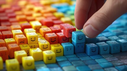 A hand places a colorful cube with a smiley face on a mosaic of similar cubes. The cubes are arranged in a gradient of colors, creating a vibrant and cheerful scene.