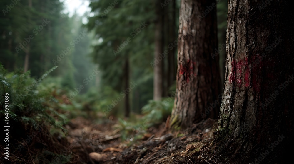 Poster a serene and verdant forest scene with towering trees long title a tranquil and atmospheric forest l