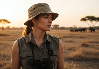Fototapeta premium Female safari explorer with binoculars and hat looking across dry African savanna with elephants at golden hour