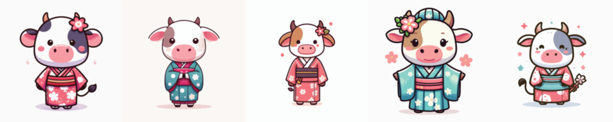 cute cow vector in kimono costume
