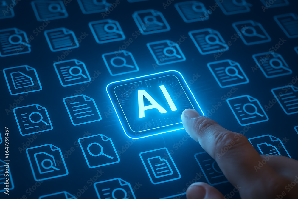 Poster artificial intelligence ai is being selected from a grid of digital documents, symbolizing a modern 