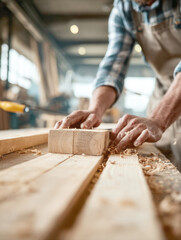A professional carpenter's hands are captured in a close-up, focused shot as he meticulously works with wooden planks on a workbench, surrounded by sawdust and a workshop environment