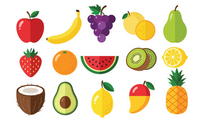 Collection of fresh cartoon fruit and vegetable icons including apple, banana, pineapple, strawberry, orange, cherry, lemon, watermelon, plum, kiwi, and peach