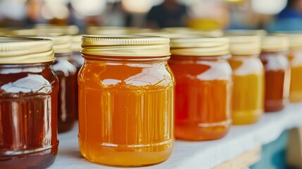 Multiple glass jars of honey in varying amber shades, arranged artfully on a farmers market stall, soft diffused lighting.