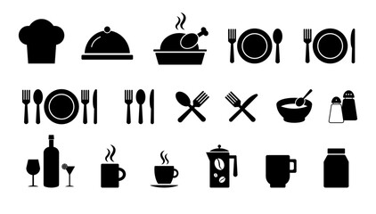 Catering or tableware icon set, fork and spoon, knife, plate, cloche, coffee cup, jar, chef hat, wine bottle with glasses, bake chicken, cutlery on food table.Vector illustration.