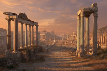 Fototapeta premium Roman Forum Ruins at Sunset: Ancient Columns and Architectural Remains