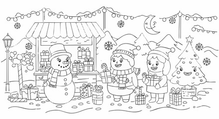 Obraz premium Winter Holiday Coloring Page Children, Snowman, and Christmas Tree