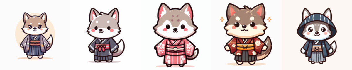 cute wolf vector in kimono costume