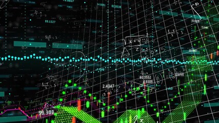 Grid opening cyan data flowing yellow bar forming bars rising, equations overlaying for analytics - Powered by Adobe