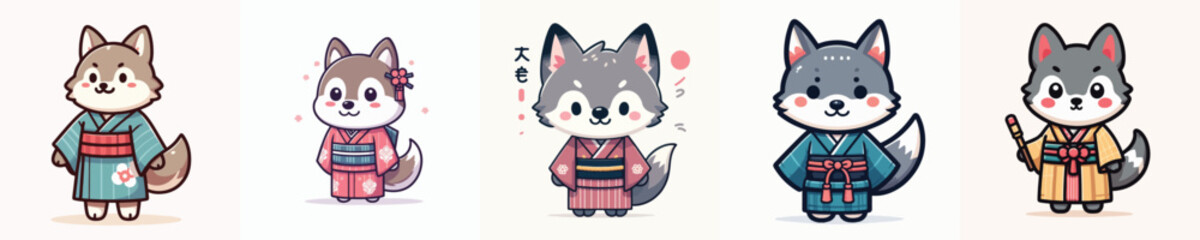 cute wolf vector in kimono costume