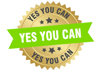 yes you can. yes you can round green and gold label isolated on transparent background