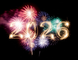 Happy New Year 2026 concept celebration with fireworks on black background
