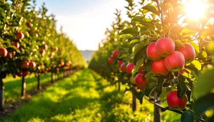 Sun-Kissed Orchard: Rows of Apple Trees Laden with Ripe Fruit at Golden Hour Showcasing Harvest