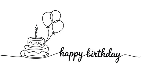 Naklejka premium Minimalist line drawing of birthday cake with candle and balloons, cursive happy birthday text for elegant celebration and greeting design