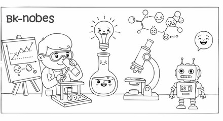 Kawaii coloring page featuring a boy scientist in a lab with a friendly robot. An educational illustration about science, discovery, and future innovation for kids.