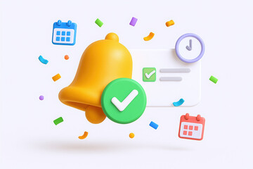 Colorful 3D notification icons featuring a golden bell and checkmarks, conveying reminders and alerts.