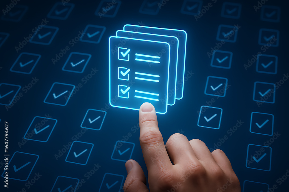 Poster a finger points to a large, glowing digital checklist with checkboxes, surrounded by smaller checkli