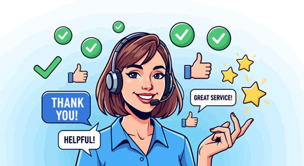 Friendly customer service representative with headset delivering exceptional support with thumbs up and star ratings for helpfulness and great service