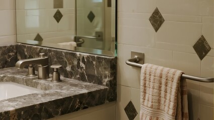 Bathroom with Marble Countertop and Tiled Walls