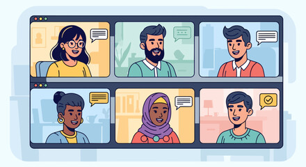 Diverse team connecting via video call for vibrant remote collaboration and successful online meeting in modern virtual workspace with engaging communication