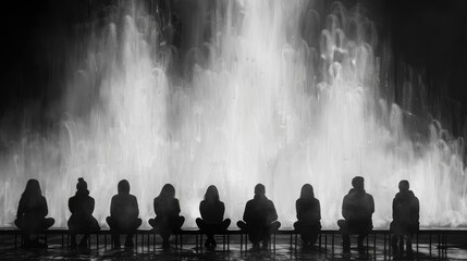 Silhouettes of diverse people sitting in front of a large water fountain. The scene is in black and white, highlighting the contrast between the figures and the water.