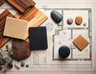 flat lay design of creative interior design moodboard composition with samples materials like wood textile stone and black switch on blueprint background generative ai