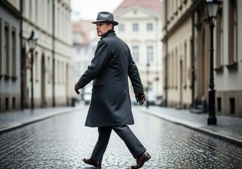 Mature man in a dark overcoat and fedora hat walks on a wet cobblestone street looking back