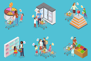 3D Isometric Flat Vector Illustration of Shoppers at Hypermarket, Family Members Maneuver Through Supermarket, Kids Excited For Treats, Parents Managing Shopping Lists
