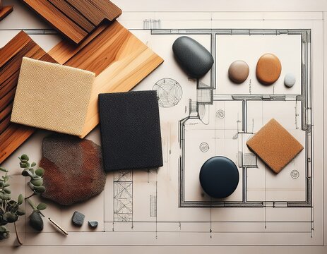 flat lay design of creative interior design moodboard composition with samples materials like wood textile stone and black switch on blueprint background generative ai