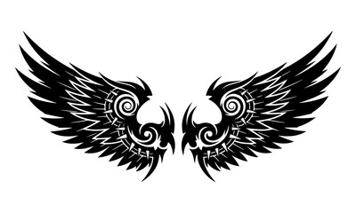 Black vector tattoo design of a flying eagle with detailed tribal wings and feathers