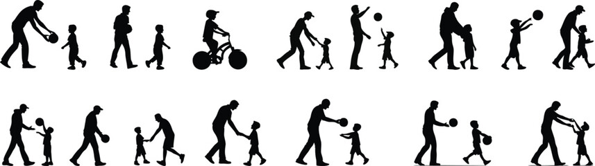 Father and Son Silhouette Set, Black Vector Illustrations on White Background, Minimal and Clean Design