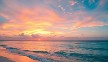 Obraz premium Tranquil beach sunrise, idyllic holiday scene Serene ocean, vibrant sky, coastal, shore